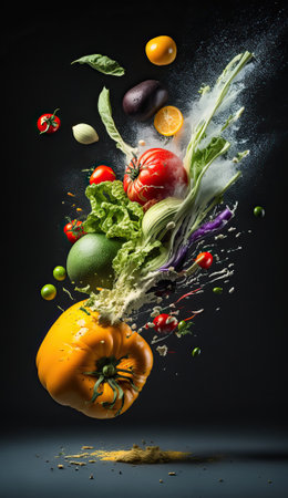splash of vegetables on black background. generative AI.の素材