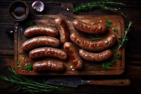 Various types of salami, bacon, grilled sausages on a wooden board. rustic style. generative AIの素材