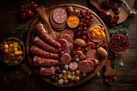 Various types of salami, bacon, grilled sausages on a wooden board. rustic style. generative AIの素材