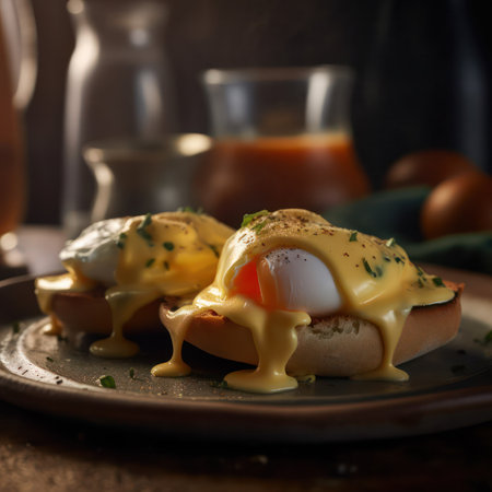 plates of bacon and egg Benedict sandwich topped with cheese sauce. generative AIの素材