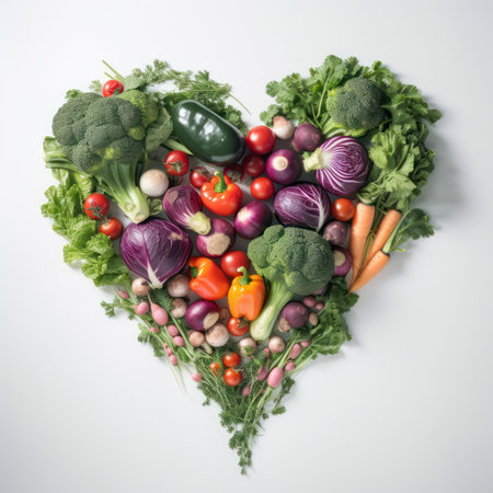 Creative heart shape made from various fresh red and green vegetables and fruits isolated on white background. Love for healthy plant food concept. view from above. generative AIの素材