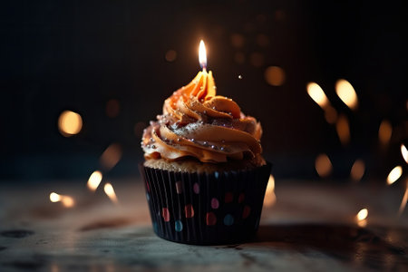 Birthday cupcake with a candle on a wooden table against blurry lights. Place for text. generative AIの素材