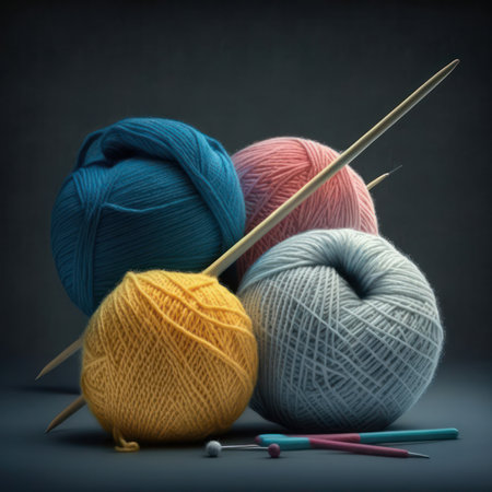 Colored thread for knitting, knitting needles on a dark background. Space for copy. Knitting concept. generative AIの素材