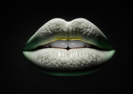 Abstract grey lips on a black background.grey lips close up. Beautiful make-up. beautiful color on the beauty of the female mouth, close-up. mouth icon. Generative AI.の素材