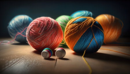 Colored thread for knitting on a wooden floor. Space for copy. Knitting concept. generative AIの素材