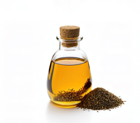a bottle of mustard oil stands on mustard seeds insulated on a white background. generative AIの素材