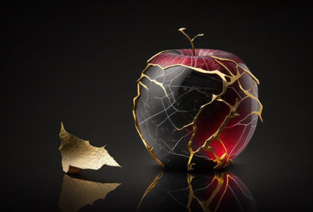 image of an apple product made of semi-precious natural stone inlaid with gold threads .generative AIの素材