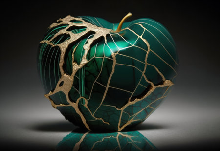 image of an apple made of malachite inlaid with gold threads .generative AIの素材