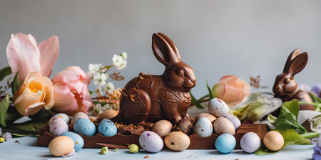 Chocolate eggs and easter eggs on a birds nest, chocolate bunny and sweets on a white wooden table. generative AIの素材