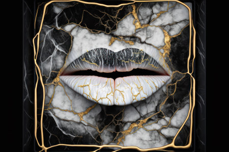 product image abstract lips made of white and black marble inlaid with gold threads .generative AIの素材