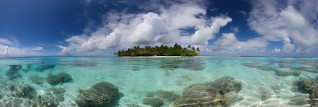 Beautiful tropical beach with white sand, palm trees, turquoise ocean against a blue sky with clouds on a sunny day. Perfect landscape backdrop for a relaxing holiday, island. banner.generative AIの素材