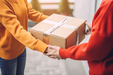 A mans hand gives an empty recycled paper cardboard box shopping for a woman. Delivery box mockup for branding design concept. generative AIの素材