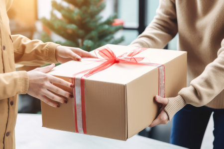 A mans hand gives an empty recycled paper cardboard box shopping for a woman. Delivery box mockup for branding design concept. generative AIの素材