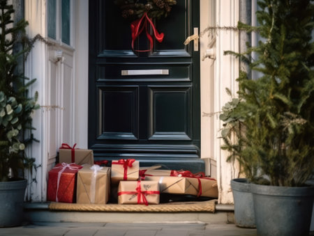 Christmas gifts in front of the front door. Delivery of a gift for the holiday. generative AIの素材