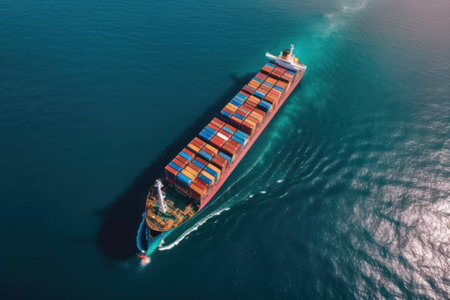 Aerial top view of cargo ship carrying container for import export goods to customer, logistic and supply chain. generative AIの素材