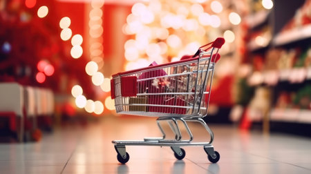 Shopping trolley with gifts in the supermarket on the background of the Christmas tree in the store. generative AIの素材