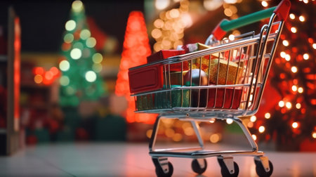 Shopping trolley with gifts in the supermarket on the background of the Christmas tree in the store. generative AIの素材