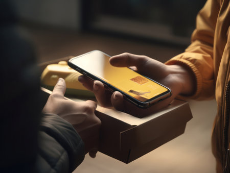 Person using a delivery app on cell phone. generative AI,の素材
