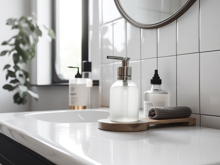 Bottle of hand soap in a white modern bathroom. generative AIの素材