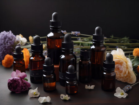 Bottles of essential oils surrounded by beautiful flowers on a wooden table. generative AIの素材