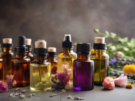 Bottles of essential oils surrounded by beautiful flowers on a wooden table. generative AIの素材