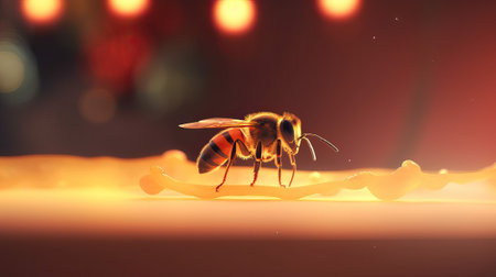 Macro photo of a bee on a drop of honey. golden lighting. National Honey Bee Day. generative AIの素材