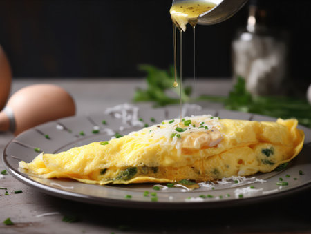 egg omelet with cheese filling with vegetables. generative AI.の素材