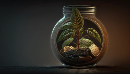 Small plants that grow bottle money, coins on soil, business and investment ideas. generative AIの素材