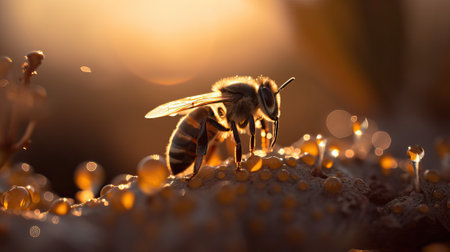 Macro photo of a bee on a drop of honey. golden lighting. National Honey Bee Day. generative AIの素材