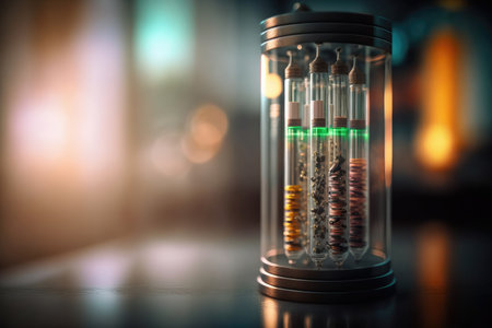 test tubes in a glass cabinet are on a table in the laboratory. Generative AIの素材