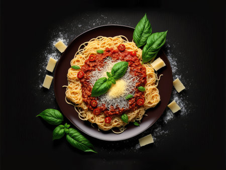 Delicious delicious classic Italian pasta spaghetti with tomato sauce, Parmesan cheese and basil on a plate on a dark table. Top view, horizontal.Generative AIの素材