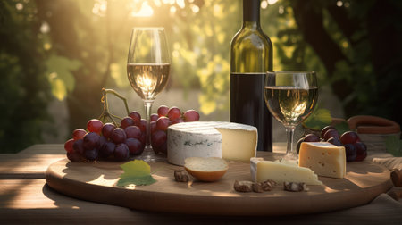 wine, grapes and an assortment of cheeses and snacks on a wooden table in the garden. generative AIの素材