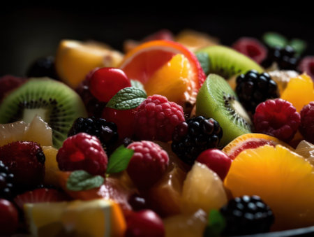 fruit salad on a dark background.generative AI.の素材
