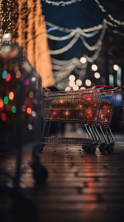 empty trolley for groceries against the backdrop of festive urban illumination.holiday, Christmas, new year. generative AIの素材