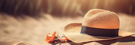 blue color of the sea and a hat on the sand on the beach. copyspace,banner. generative AIの素材