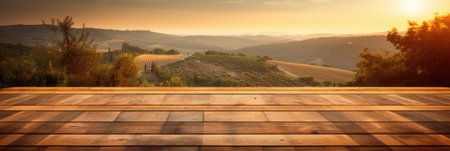 Empty wooden table top for product display with blurred french tuscany vineyard sunset background.generative AIの素材
