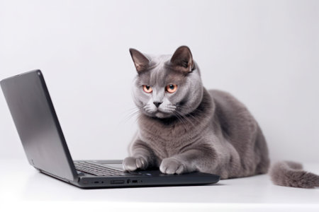 fluffy grey cat works on a laptop, looks at the monitor. Paws on the keyboard. Freelance cat. Online shopping, work from home and freelance concept. generative AIの素材