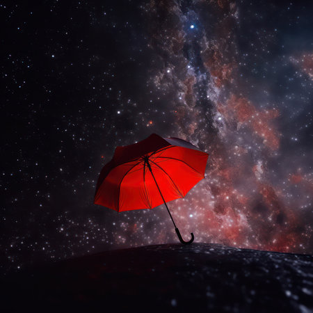 red umbrella on a dark night in the light of a lantern under a downpour. generative AIの素材