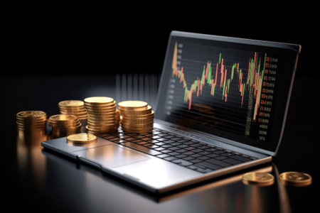 online trading with laptop, laptop using business chart with coin trading for business investment. generative AIの素材