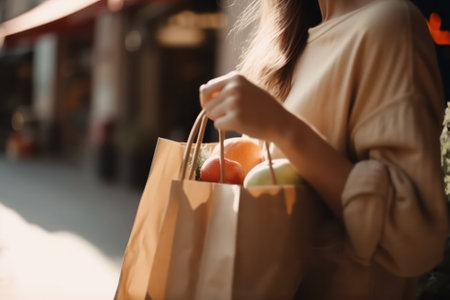 womans hands carefully hold a craft paper bag with groceries bought in the store. generative AIの素材