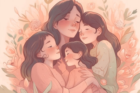 peach pink mothers day card. A young mother hugs her children. concept of a diverse family. generative AIの素材
