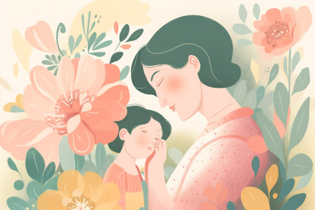 peach pink mothers day card. A young mother hugs her daughter. concept of a diverse family. generative AIの素材