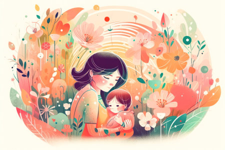 peach pink mothers day card. A young mother hugs her daughter. concept of a diverse family. generative AIの素材