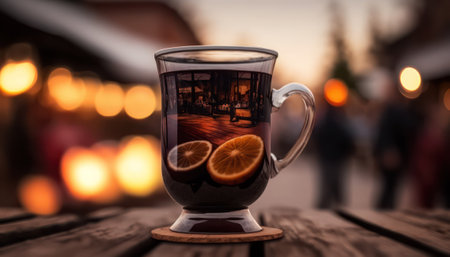 Mulled wine, blue pine branch and spices on a wooden table against the backdrop of a Christmas market. generative AIの素材