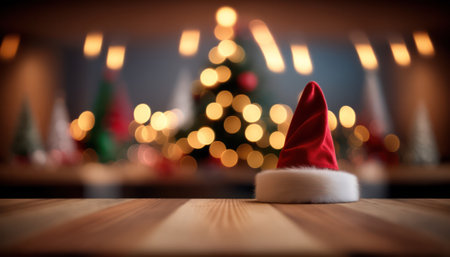 Santas hat lies on a wooden table against the background of the Christmas market. generative AIの素材