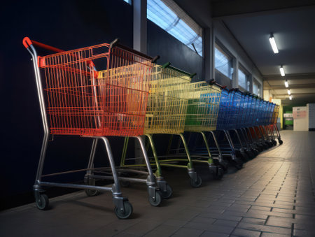 A row of multi-colored carts stands inside the store before the opening. generative AIの素材