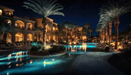 beautifully illuminated swimming pool between the palm trees in the hotel.concept of travel. generative AIの素材