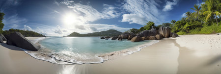 Beautiful tropical beach with white sand, palm trees, turquoise ocean against a blue sky with clouds on a sunny day. Perfect landscape backdrop for a relaxing holiday, island. banner.generative AIの素材