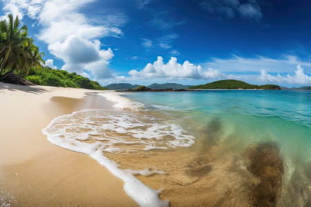 Beautiful tropical beach with white sand, palm trees, turquoise ocean against a blue sky with clouds on a sunny summer day. Perfect landscape backdrop for a relaxing holiday, island. generative AIの素材