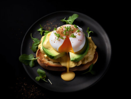Breakfast. Sandwich with ham, poached egg, avocado and spinach in a plate on a dark background. generative AIの素材